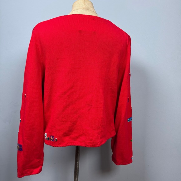 VTG Michael Simon Red Ugly Christmas Cardigan L Sequins Gift Presents Appliques - Picture 2 of 16
